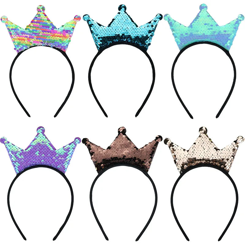 Girls Sequins Bowknot Crown Headbands Sparkly Bling Kids Hair Hoop Sequins Reversible Hairband for Birthday Party Supplies
