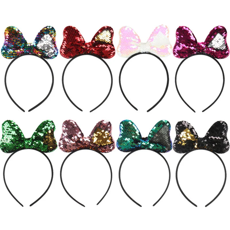 Girls Sequins Bowknot Crown Headbands Sparkly Bling Kids Hair Hoop Sequins Reversible Hairband for Birthday Party Supplies