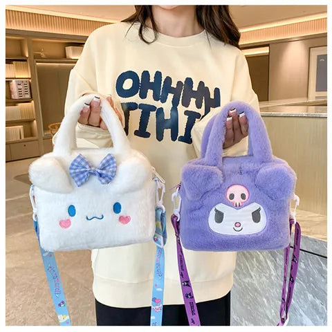 Kawaii Sanrio Plush Bag Kuromi Melody Cinnamoroll Cartoon Anime Handbag Crossbody Cosmetic Travel Storage Bags Women Girls Gifts
